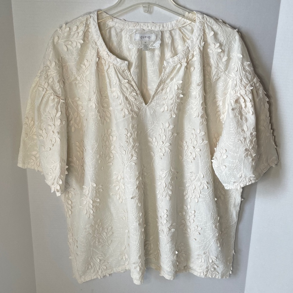 Cupio Women's Size 2X  Cream Embroidered V-Neck Peasant Top